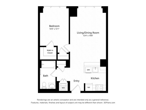 Floor plan for 1 bed, 1 bath, 688 sqft